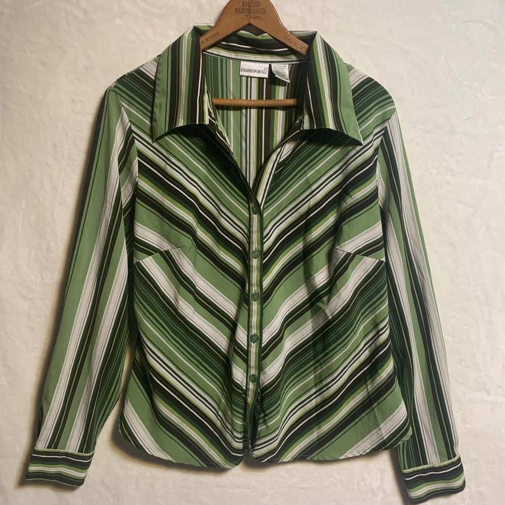 Fashion Bug Green Striped Button Down Shirt Retro‎ Blouse Womens L Vintage Y2K